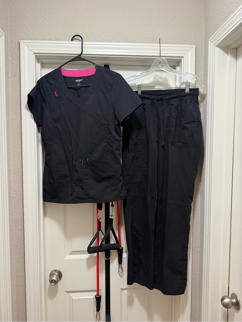Scrubstar Black Women's Scrub Top & Straight Leg Pants with Pink Trim